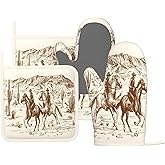 MIFSOIAVV Cowboy Oven Mitts and Pot Holders Sets Silicone Western Desert Cowboy Kitchen Mitts Potholders Heat Resistant 4Pcs Oven Gloves Hot Pads for Kitchen Baking Cooking BBQ Grilling