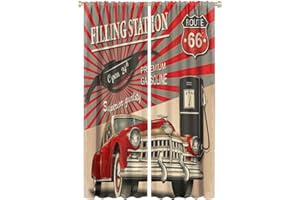 QIONGHAILUANNANSHANGMAOYOUXIANGONGSI Retro Cars Blackout Windows Curtains, American Vintage Route 66 Privacy Drapes Rod Pocket Curtain, for Living Room Bedroom 42x63in 2 Panels