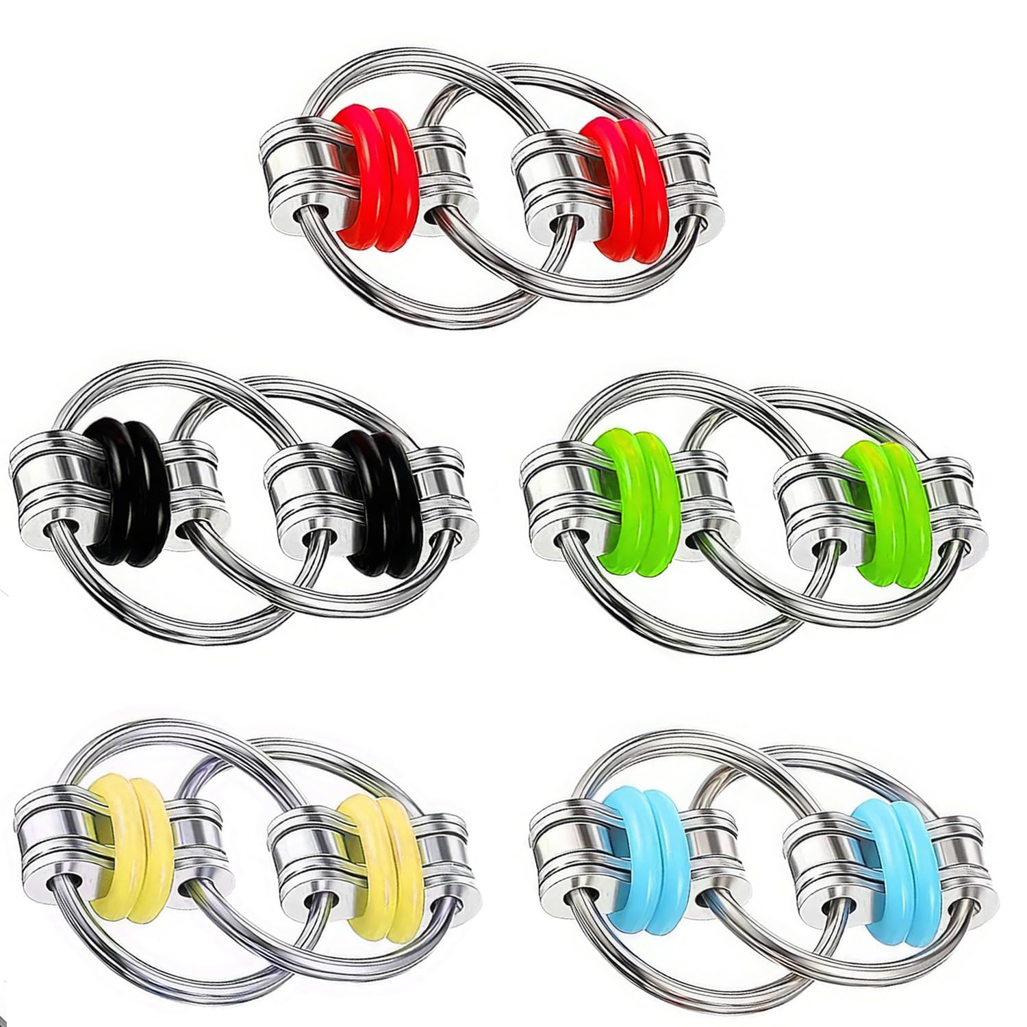 5 Piece Flippy Chain Set Stress Relief Toys for Kids and Adults Handheld Roller Chain Fidget Pads Sensory Keychain Toys for Anxiety Relaxation and Focus