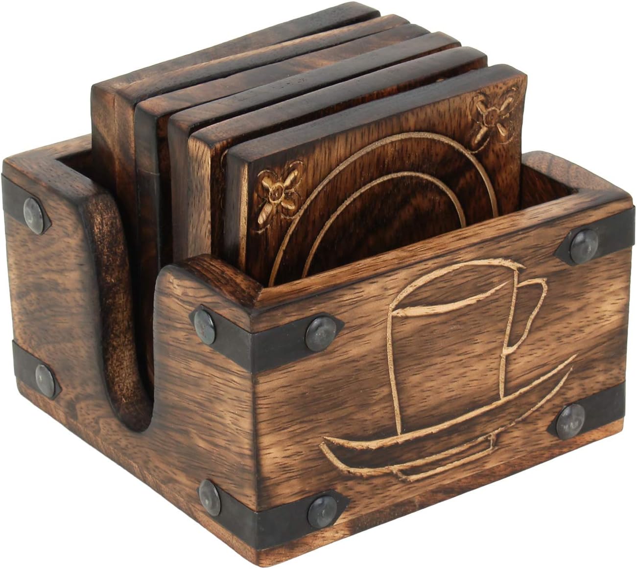 Ajuny Wooden Drink Coasters with Holder Set Burnt Wood Style Square Handcrafted Decorative Non-Slip Tabletop Protection for Any Table Type for Tea Coffee Mugs Home Decor Set of 6 - Image 4