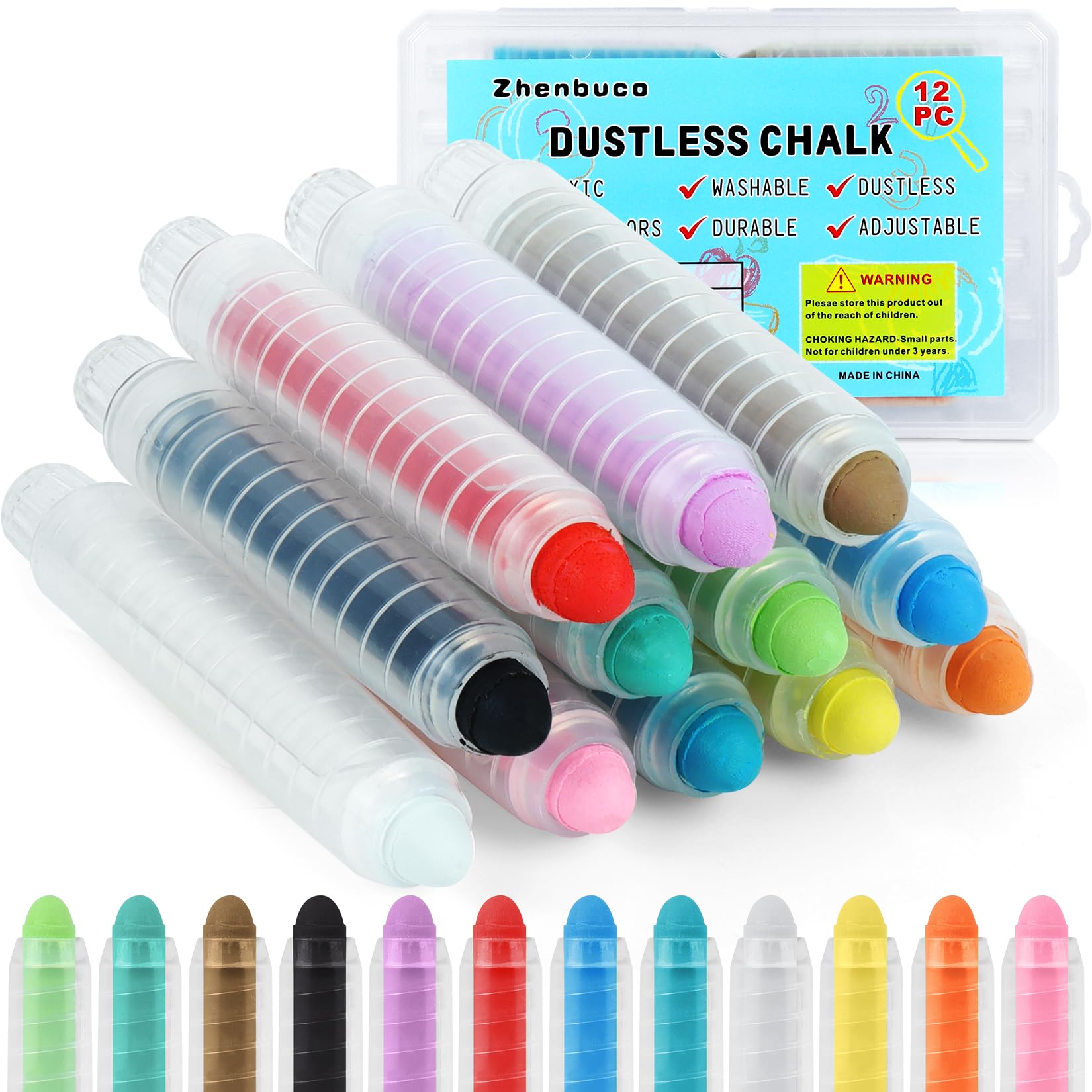 Zhenbuco Dustless Chalk for Kids - 12 PCS Colored Non-toxic Twistable Easter Sidewalk Chalk with Holder, Dust-free Washable Toddler Chalk, Art Tool for Children Outdoor Blackboard Drawing Writing