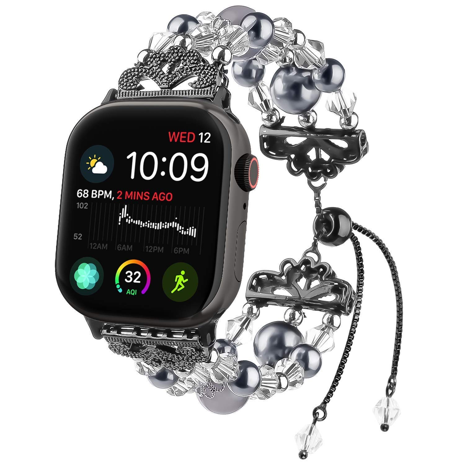 Junwei for Iwatch Bracelet Bands Adjustable, Women Stylish Apple Watchband with Stretch Bling Beads of Crystal Rhinestones Pearls for Apple Watch Series 4 3 2 1 Sport etc. - ( Black, 38mm / 40mm )