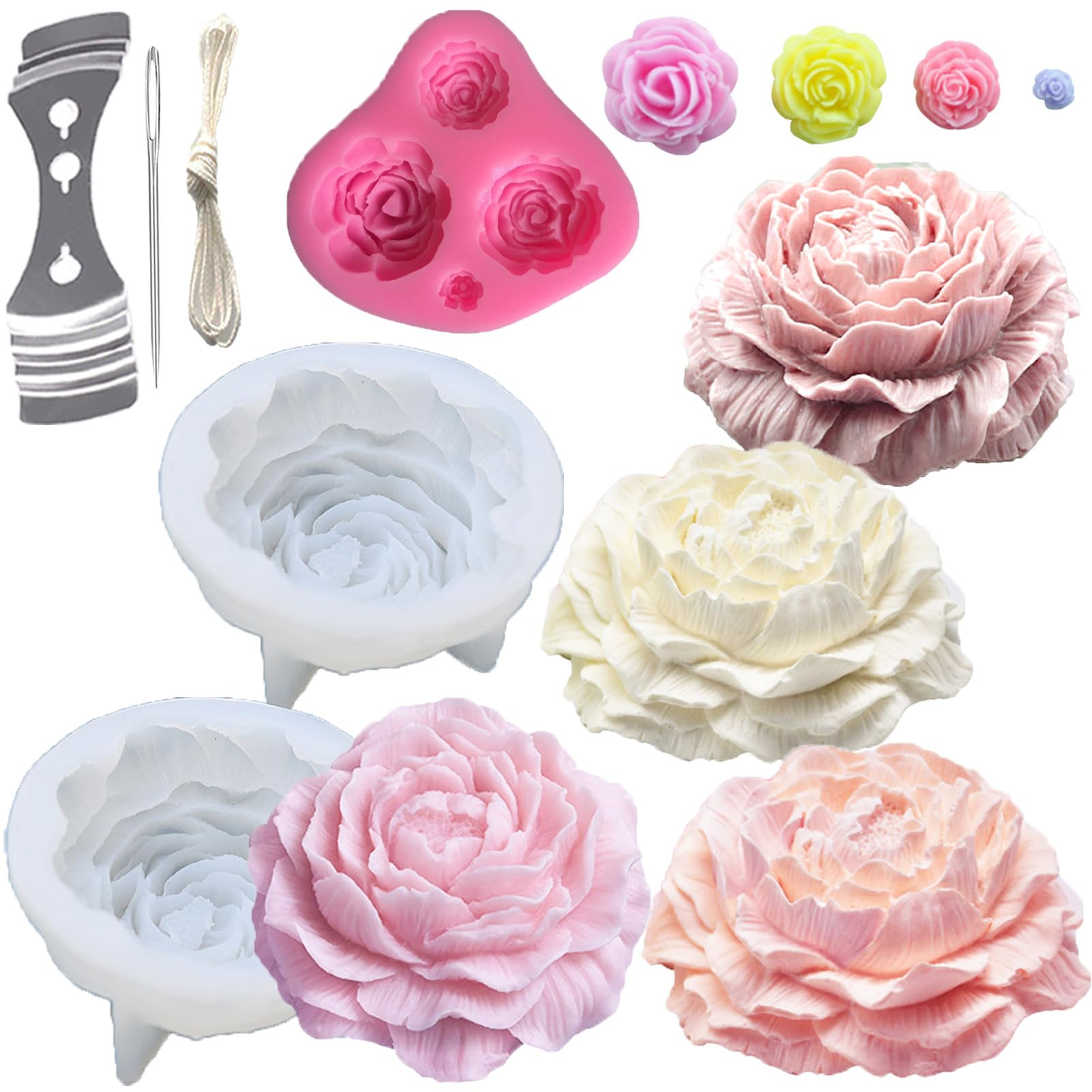 Photo 1 of 3PCS Rose Peony Flower Silicone Candle Molds 3D Rose Fondant Mold with Large-Eye Wicking Needle,Candlewick Soap Molds Epoxy Resin Casting Candle Molds Chocolate Cake Dessert Decor Art Crafts