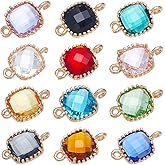 SUNNYCLUE 1 Box 24Pcs 12 Colors Glass Connector Charms Gold Crystal Charm Bulk Square Cubic Golden Plated Brass Loops Birthstone Linking Charms for Jewelry Making Charms Earrings Bracelets DIY Crafts