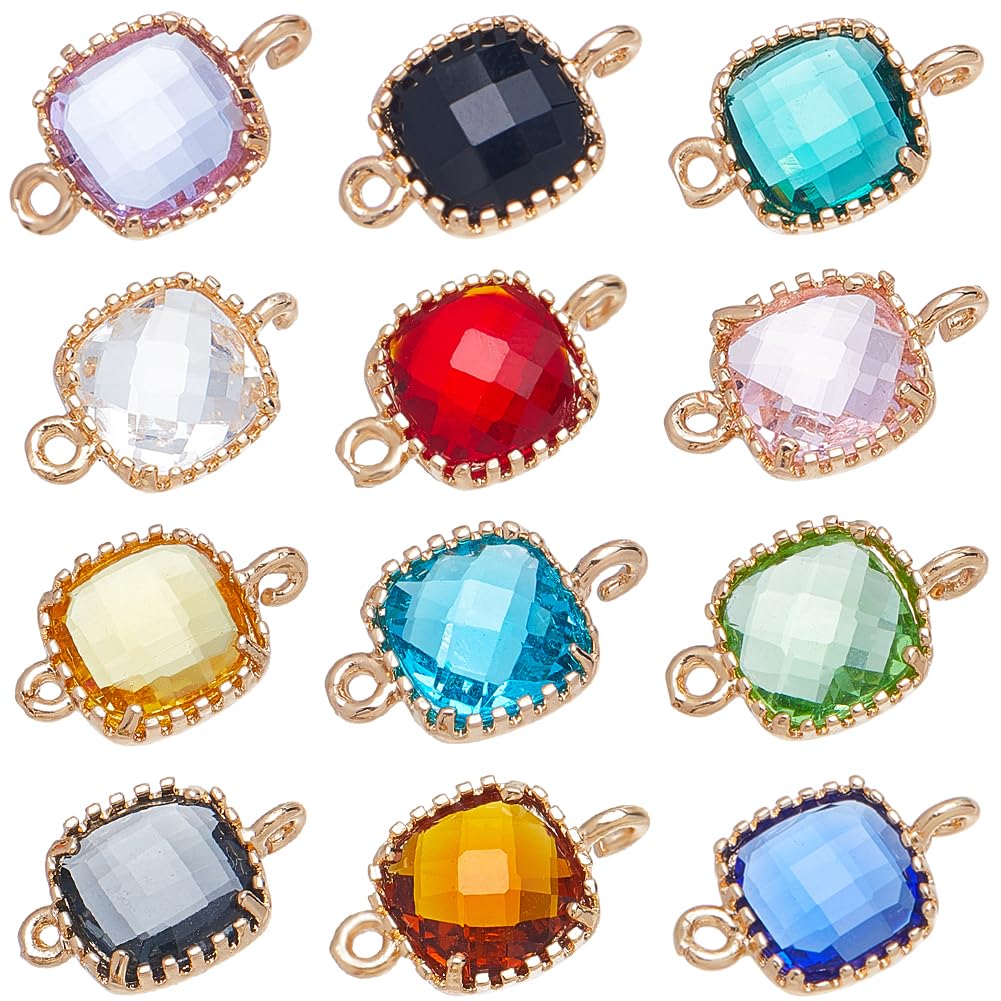 SUNNYCLUE 1 Box 24Pcs 12 Colors Glass Connector Charms Gold Crystal Charm Bulk Square Cubic Golden Plated Brass Loops Birthstone Linking Charms for jewellery Making Charms Earrings Bracelets DIY Craft
