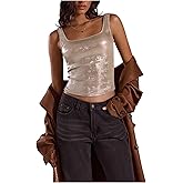 BEAUDRM Women's Metallic Tank Tops Sleeveless Square Neck Padded Tops with Built-in Bra Y2k Evening Party Rave Crop Top