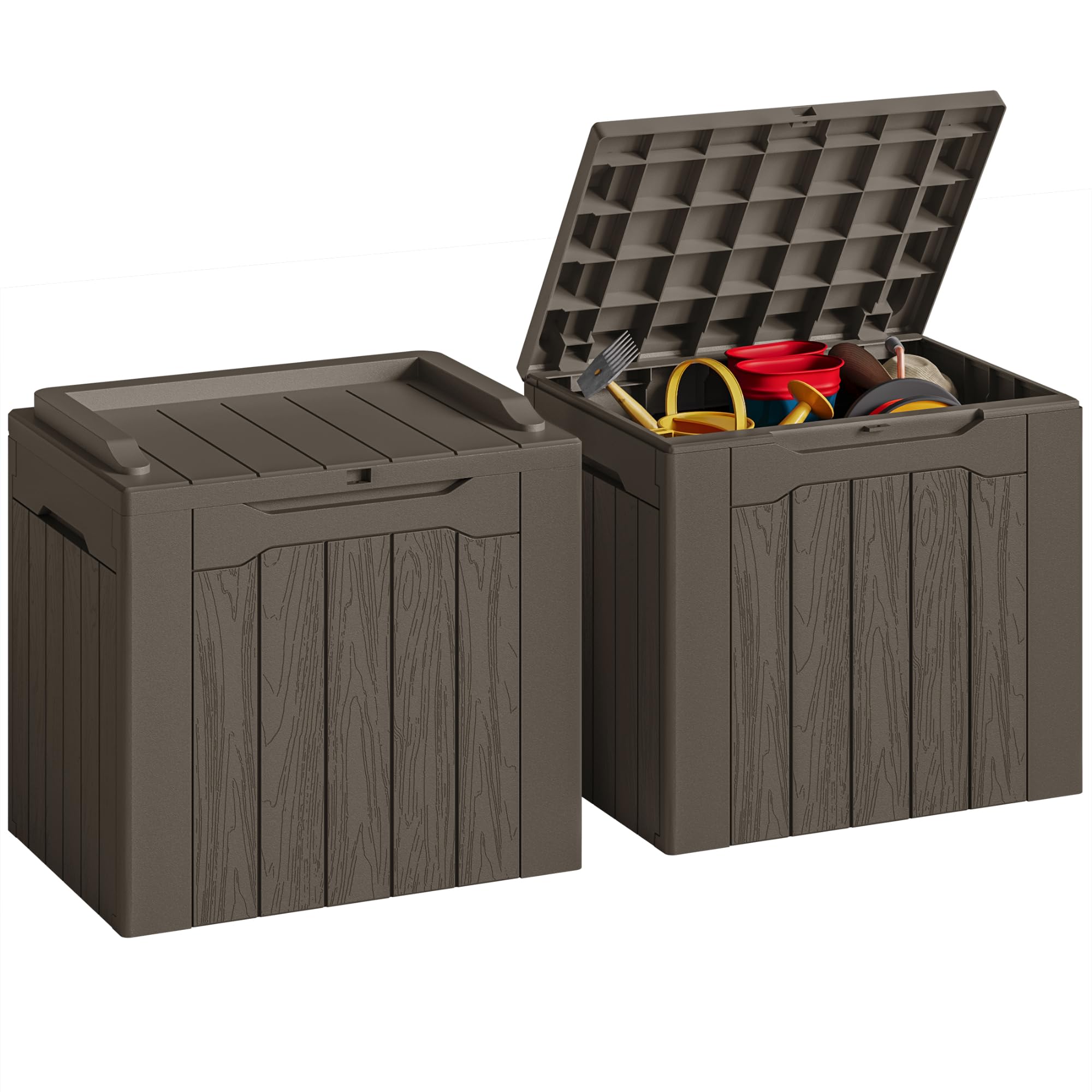 JUMMICO 31 Gallon Resin Deck Box Waterproof Indoor Outdoor Storage Boxes for Patio Furniture Cushions and Garden Tools (Brown, 31gallon-2 Packs) Image