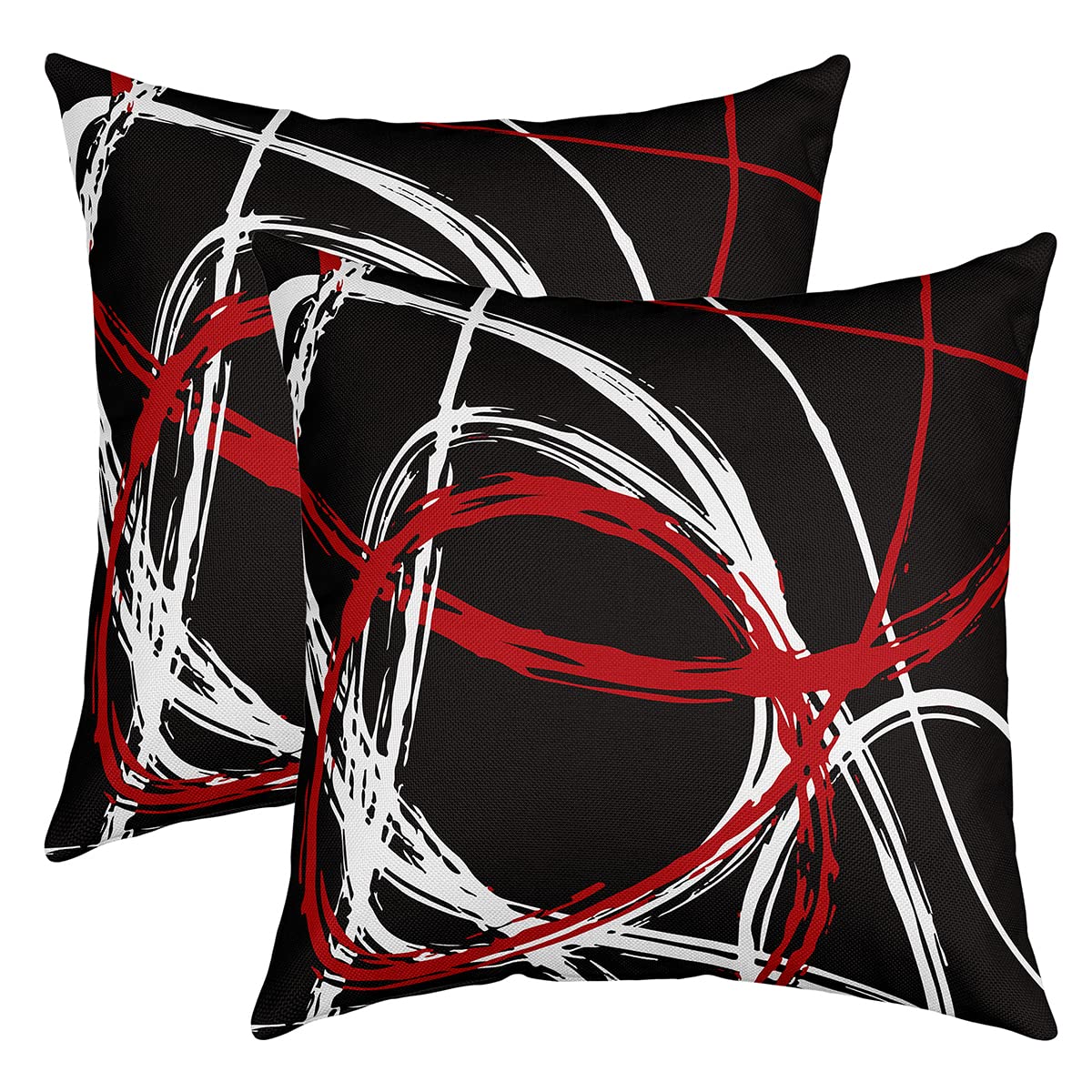 Loussiesd Set of 2 Modern Art Throw Pillow Covers Circle Cushion Case for Home Living Room Decor Reversible Geometric Strip Lines Black White Red Decorative Throw Cushion Case 16x16 Inch — image 1