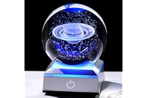 ORNALRIST 3D Galaxy Saturn Crystal Ball with LED Colorful Base, 3.15" Astronomy Glass Planet Sphere Galaxy Saturn Birthday Gifts for Men Him Dad Astronomy Home Decorations