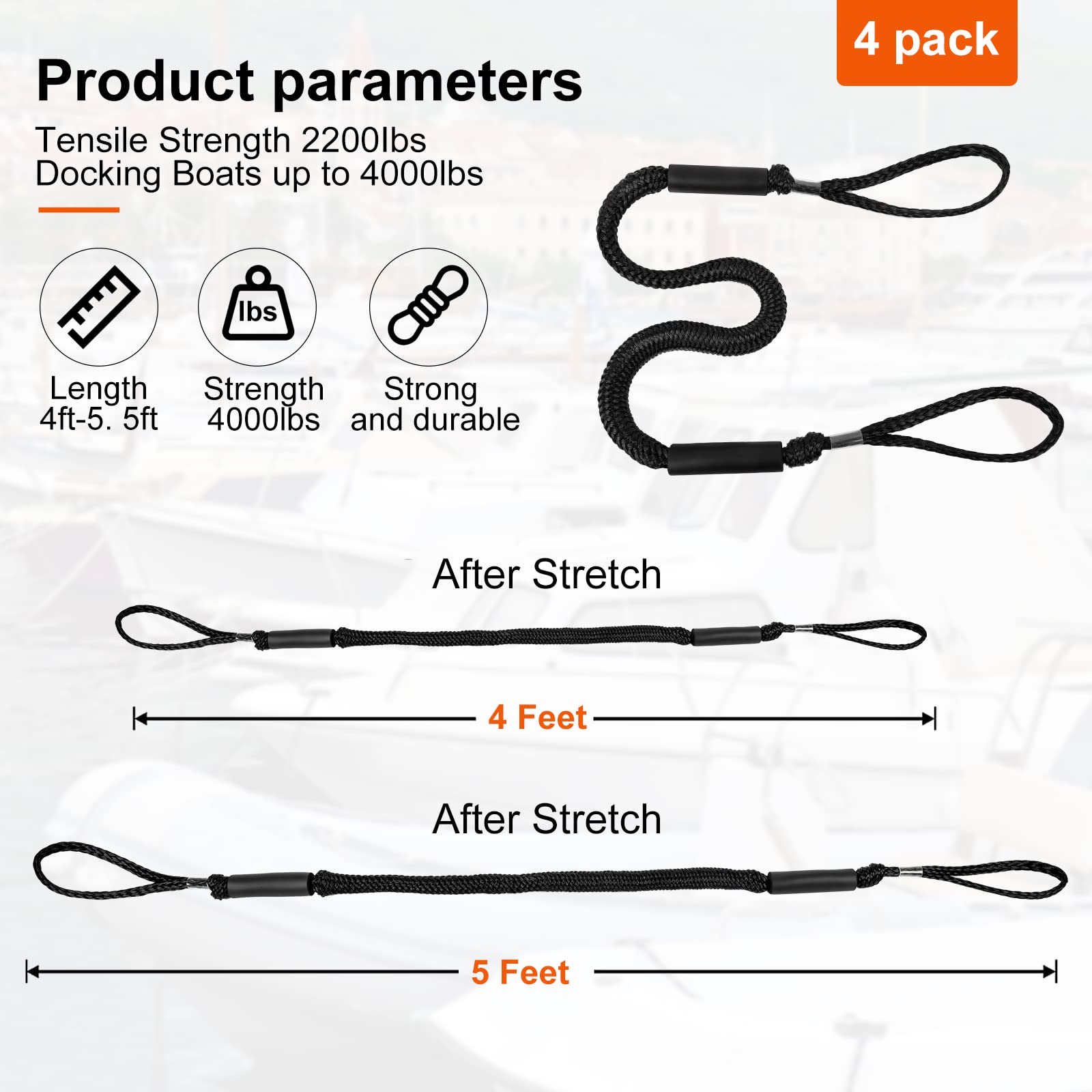 Jranter Cime Di Ormeggio Elastiche Con Gancio Inox - 1,2m (si Allunga A 1,7m) - Per Barche, PWC, Kayak, Pontoni - 2