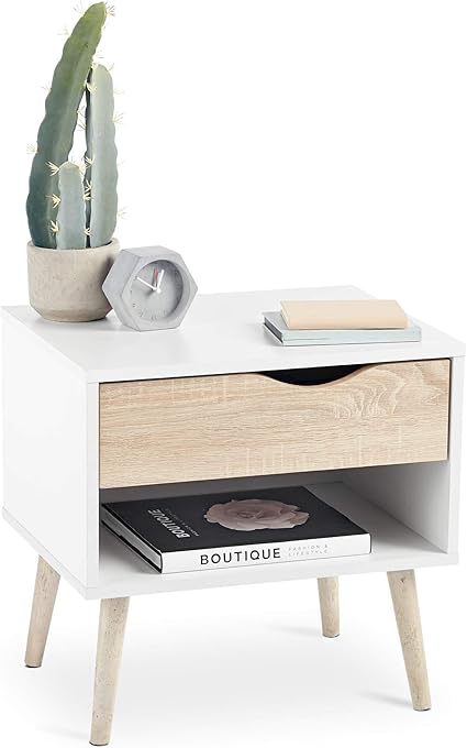 Vonhaus Table De Chevet Blanche Et Chene 1 Tiroir Et 1 Etagere Aspect Chene Sonoma Pieds Coniques Effiles Style Scandinave Lignes Modernes Epurees Amazon Fr Cuisine Maison