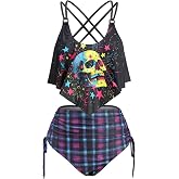 ROSE GAL Plus Size Womens Gothic Curvy Two Piece Tankini Swimsuts Set Skulls Stars Padded Tankini Set