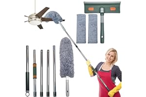 TOROMP 14+Feet High Reach 2 in 1 Window Washing Squeegee Microfiber Feather Duster with 34-79 inches Spliceable Extension Pole // Window Cleaning Tool & Window Squeegee for Home Indoor Outdoor Window Washing