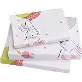 J-pinno Cute Cartoon Rabbit Bunny 100% Cotton 3 Pieces Twin Sheet Set for Kids Girls Children Flat Sheet + Fitted Sheet + Pillowcase Bedding Decoration Gift Set