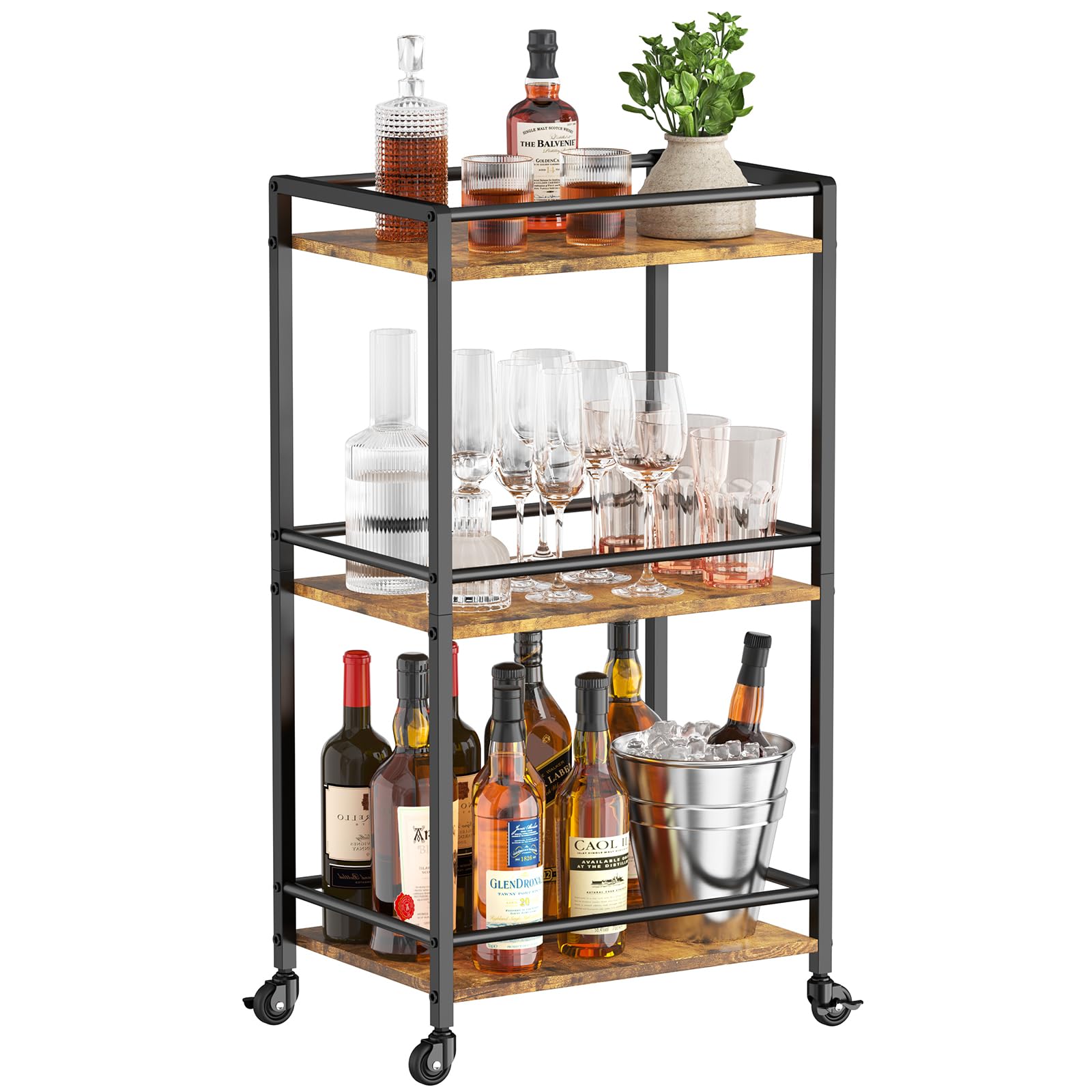 Photo 1 of Lifewit Bar Cart for The Home, 3 Tier Small Rolling Wine Cart, Drink Serving Cart with Lockable Wheels, Mini Liquor Utility Cart for Kitchen Dining Living Room, 17" x 11.8" x 32.1", Rustic Brown