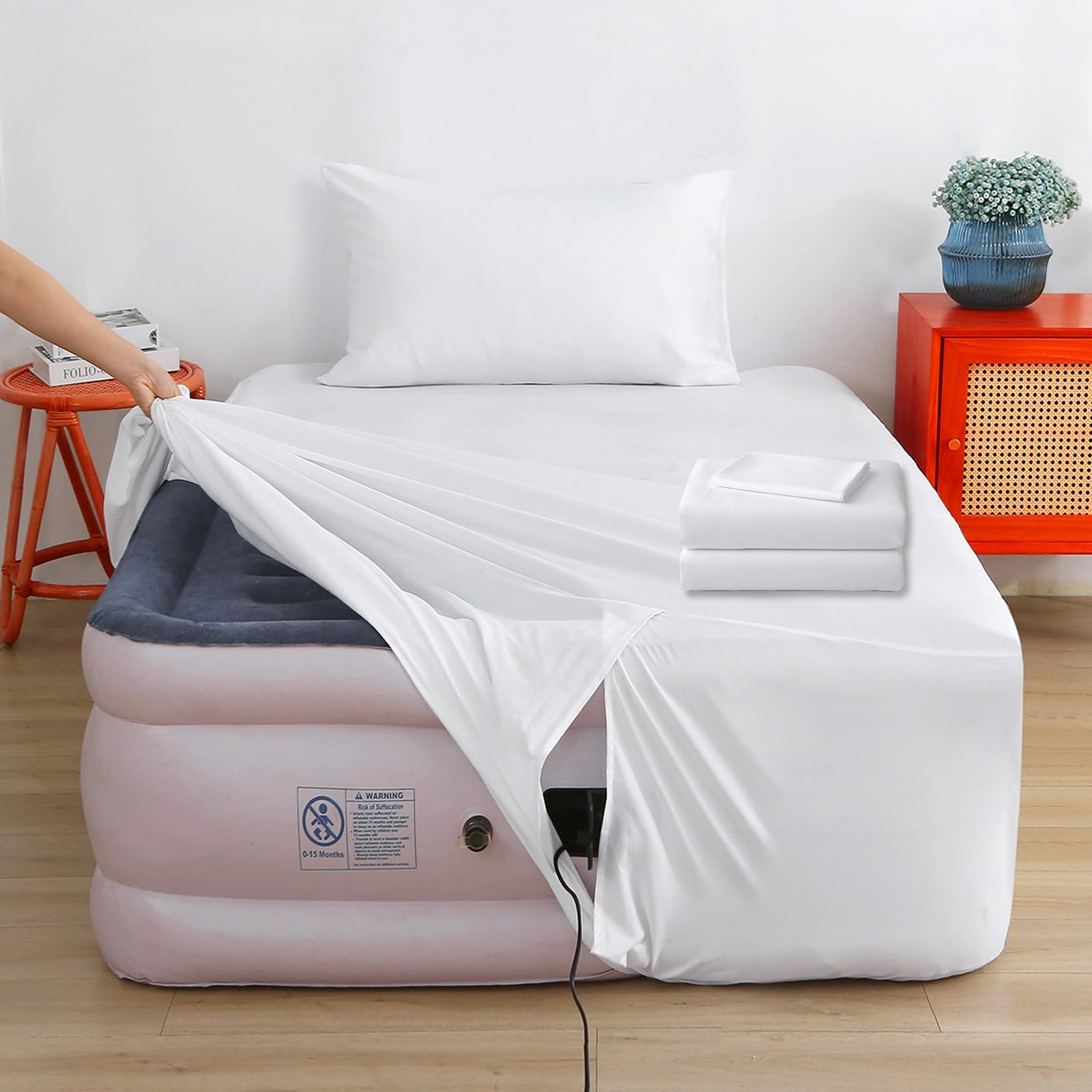 Photo 1 of Air Mattress Sheet Set Twin Size,3 Piece Deep Pocket Bed Sheet Set for 16-24 Inch Air Bed,Easy Inflate Access,Perfect for Guest Room, RV, Camping,White