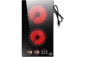 HOBSIR HOB Plug-in 2 Burner Electric Cooktop, 120v Knob Electric Stove Top, 12 Inch Built-in Radiant Electric Stove 110v, Electrics Ceramic Cooktop with Child Safety Lock, Timer, Over-Temperature Protection