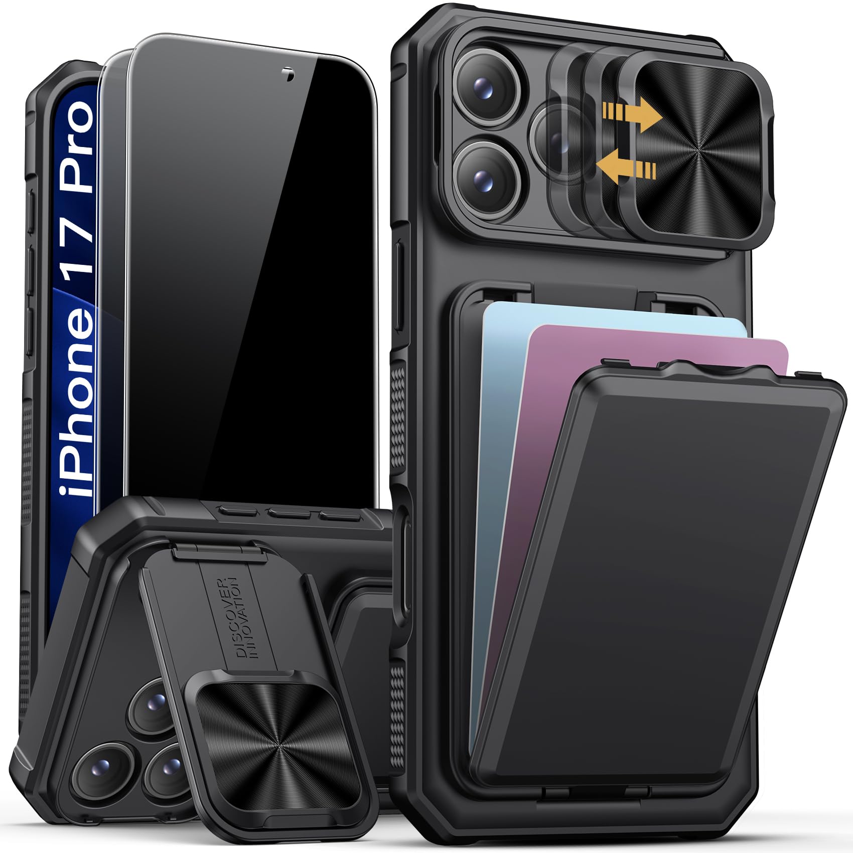 Photo 1 of SSLOTSCASE for iPhone 17 Pro Case with 2X Privacy Screen Protector, Card Holder & Kickstand & Slide Camera Lens Cover & Camera Stand & Wallet, Military-Grade Phone Case Cover for iPhone 17 Pro, Black
