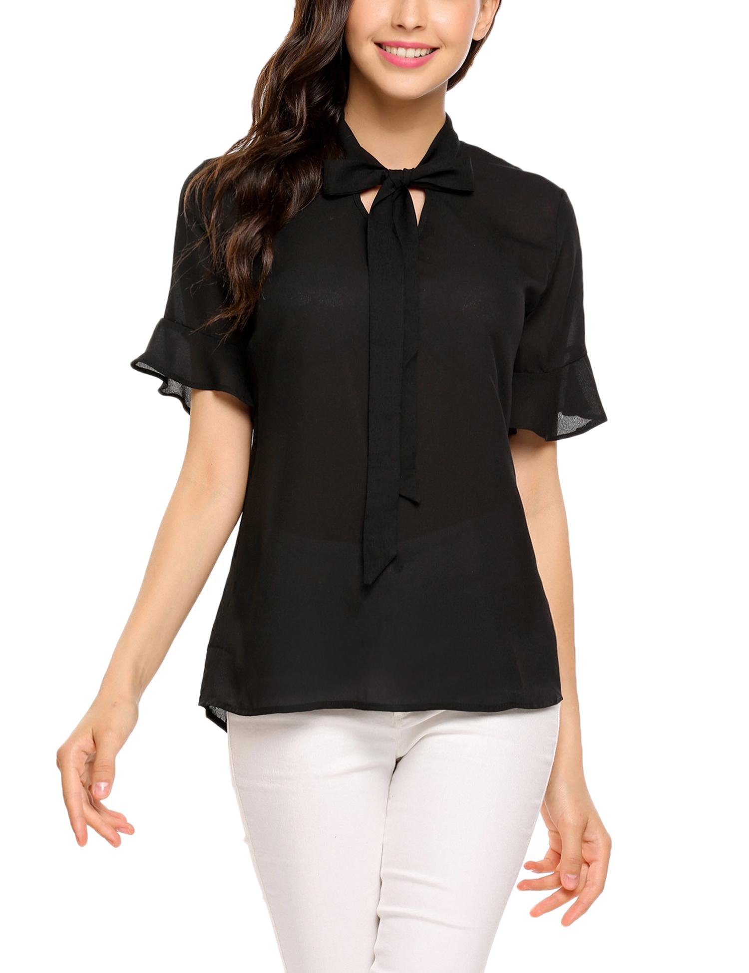 Women Elegant Chiffon Shirt Bow Tie Neck Elbow Sleeve Ruffle Solid Blouse Top Black/M