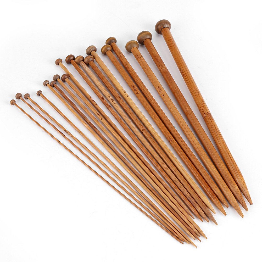 36Pcs Knitting Needles Set with 18 Sizes Bamboo Single Pointed Knitting Needles from 2.0mm to 10.0mm for DIY Weave Yarn with Sweater Scarf Blanket, 25cm Radio