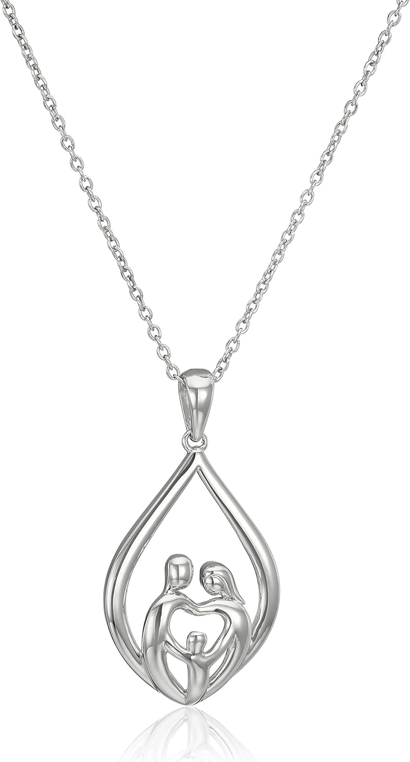 Jewelili Sterling Silver Parent One Child Family Drop Pendant Necklace, 18" Rolo Chain: Jewelry