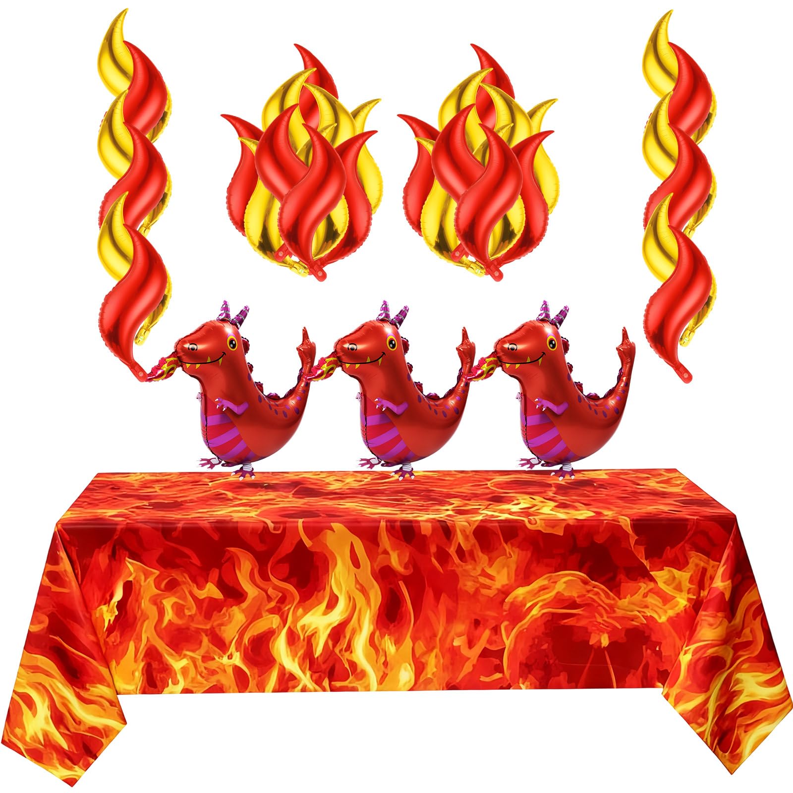 Photo 1 of VoraWhte 24 Pcs Fire Theme Party Supplies lncludes Walking Dragon Balloons Flame Tablecloth Red and Gold S-Shaped Balloon Inflatable Balloons for Birthday Red Party Decorations