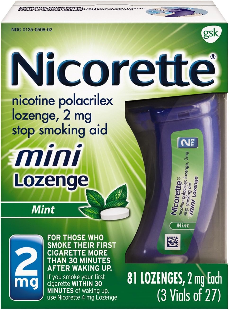 Mini Nicorette Nicotine Lozenge Stop Smoking Aid, 2 mg, Mint Flavored Smoking Cessation Product, 81 Count