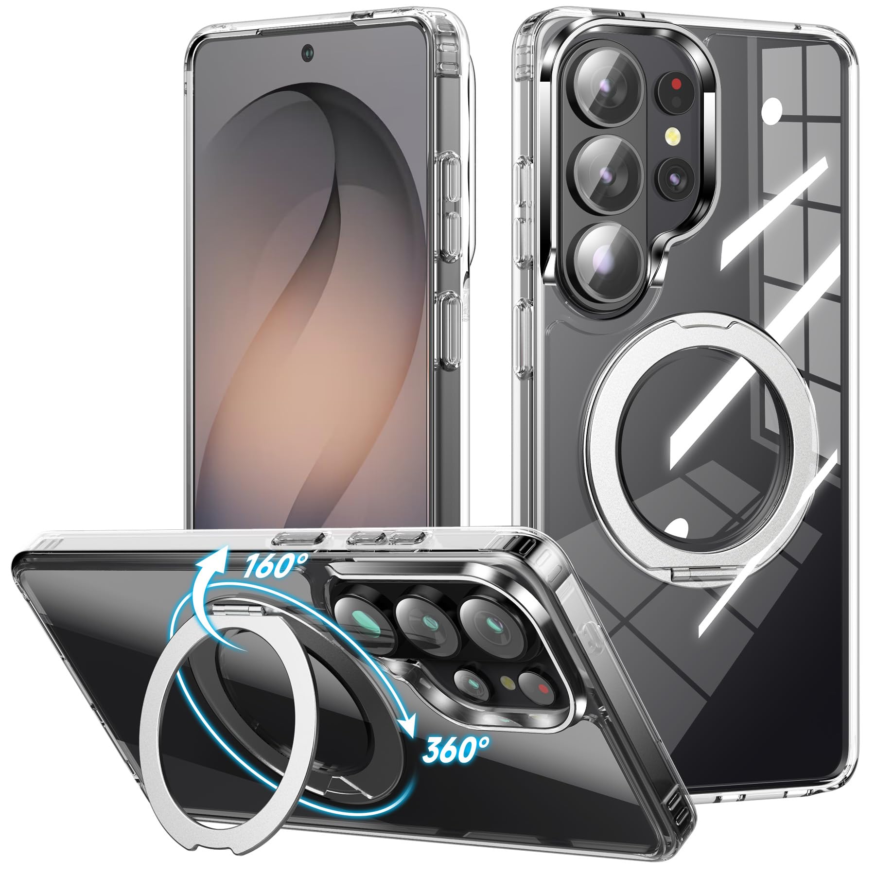 Cresee Case for Samsung Galaxy S26 Ultra, 360° Magnetic Ring Stand Compatible with Magsafe, Crystal Clear Hard Back + TPU Bumper Shockproof Phone Cover with Magnets for Galaxy S26 Ultra - Transparent