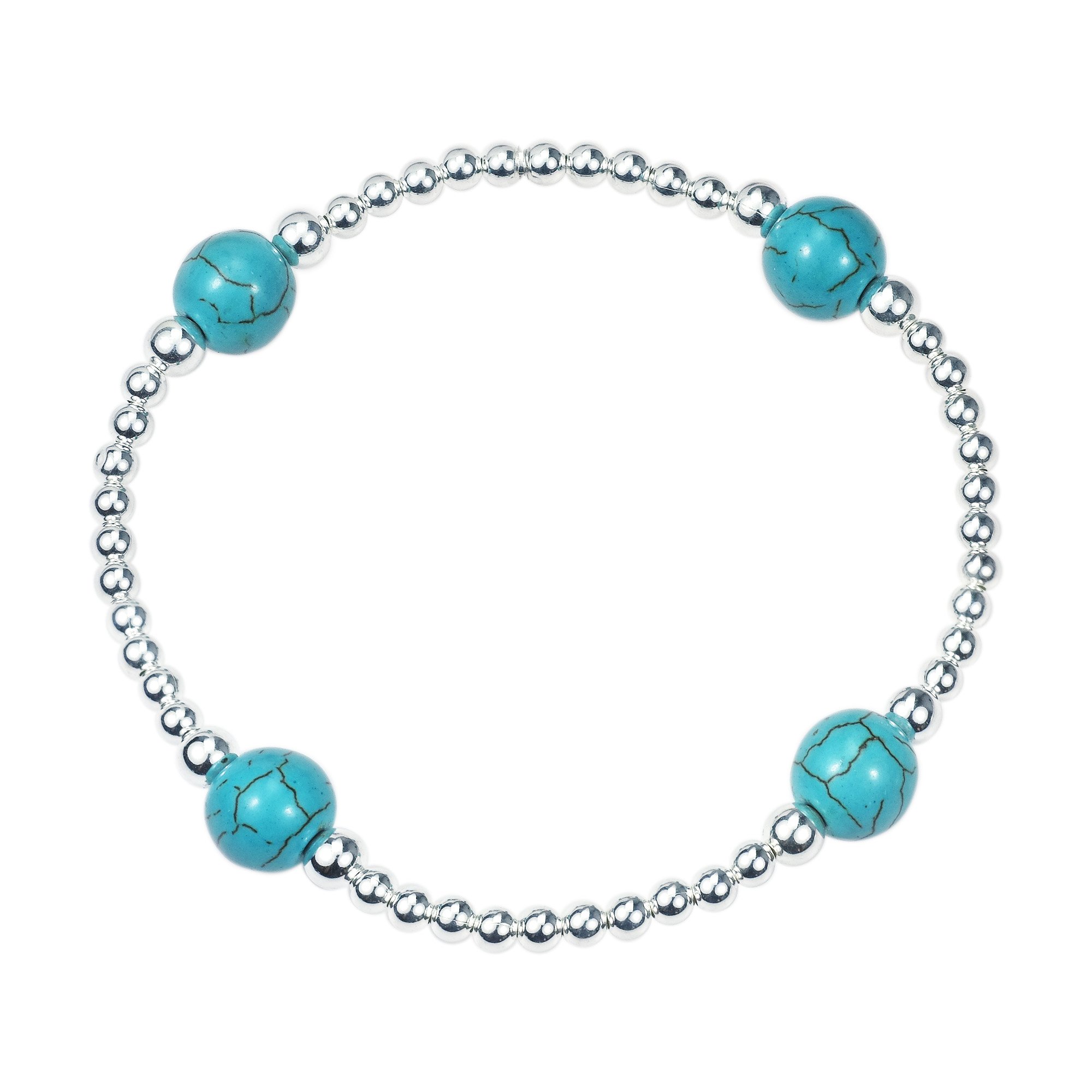 AeraVida Galactic Round Simulated Green Turquoise .925 Silver Elastic Beads Bracelet