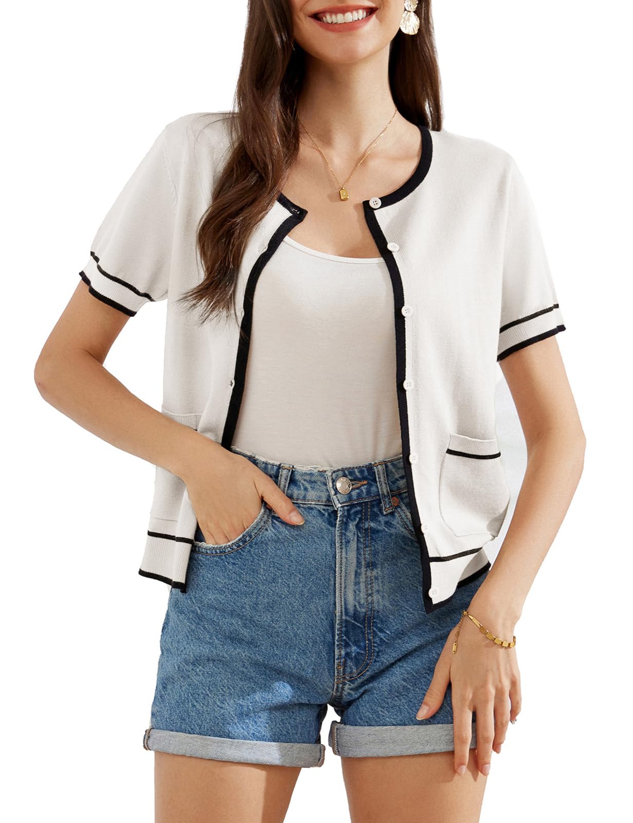 Photo 1 of Women's Cardigan Sweaters Short Sleeve Tops Bolero Shrugs Crochet Button Down Knit Tops Blouse Shirts with Pockets
