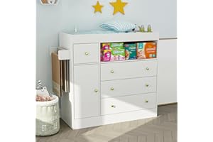WOODTIME 43.3" W Nursery Dresser with Diaper Changing Tray & Towel Racks, Baby Kids Dresser Changing Table with 4 Drawers & 2 Shelves for Bedroom Living Room, White