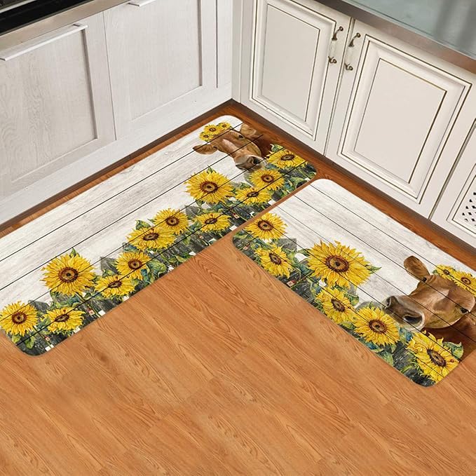 Watercolor Sunflower Cow Kitchen Rugs and Mats Non Skid Washable Cushioned Kitchen Mat Anti