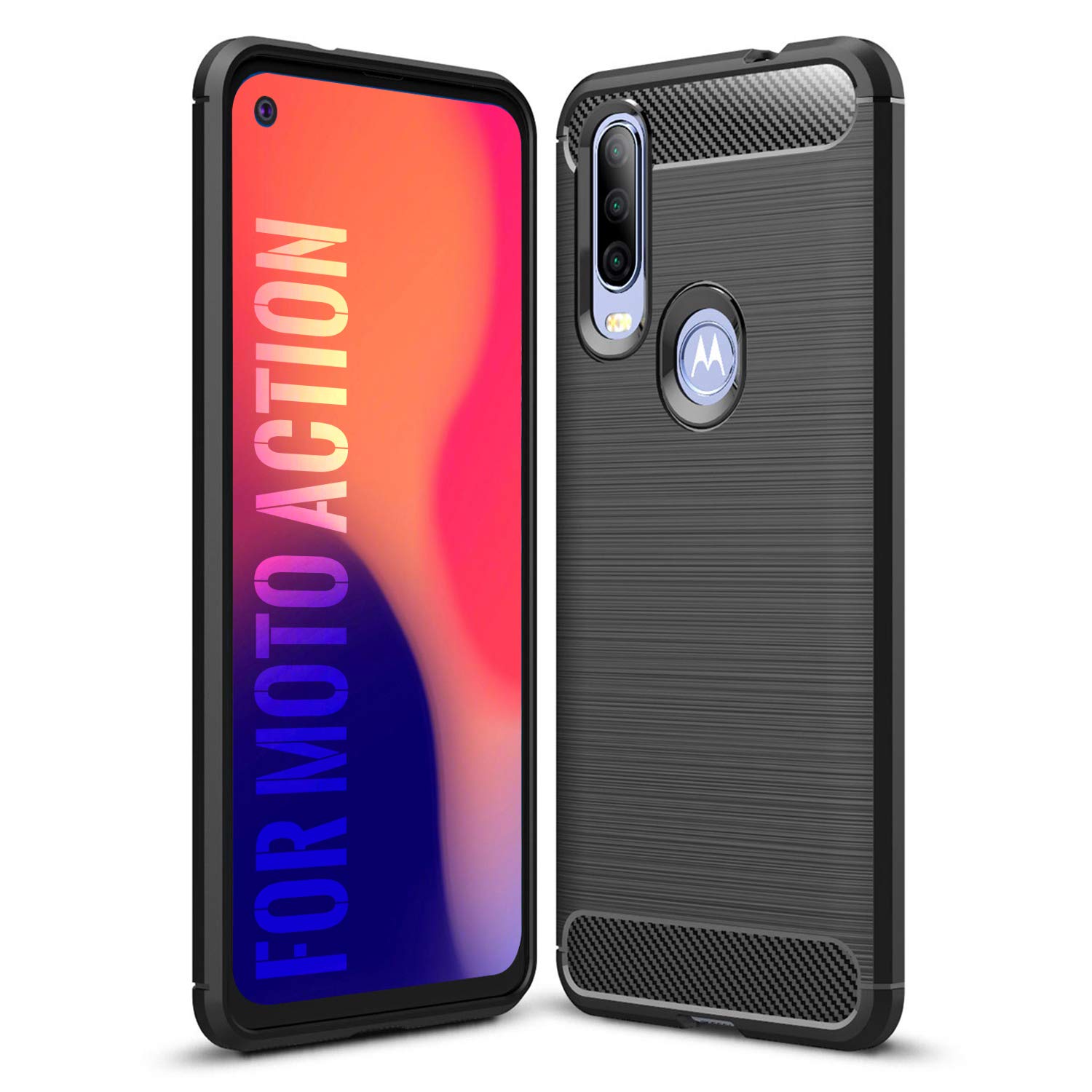 SCL Moto One Action Case for Motorola One Action, Exquisite Series Carbon Fiber Protective Case with Anti-Scratch and Shock Absorption Technology - Black