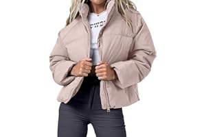 POLU Womens Puffer Jacket Cropped Long Sleeve Zip Up Baggy Short Down Coats with Pockets