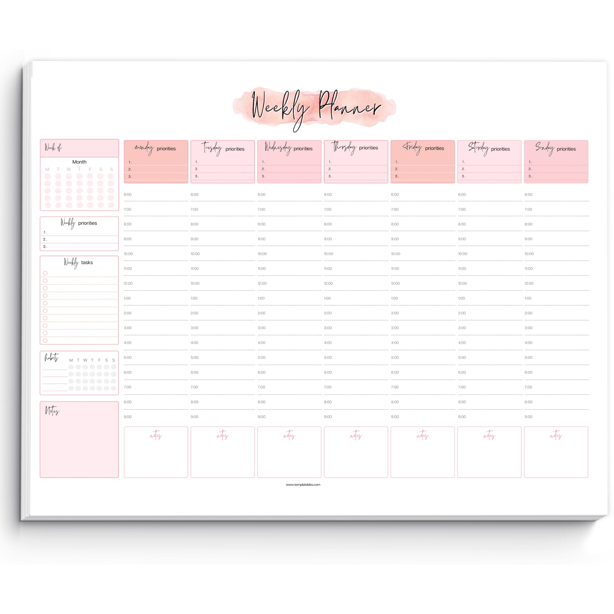 Weekly Hourly Planner Notepad, Daily Planner Desk Pad, Weekly Schedule, To Do List Note Pad, ADHD Planner | 50 Undated Tear Away Sheets | A4 (Pink) — image 1
