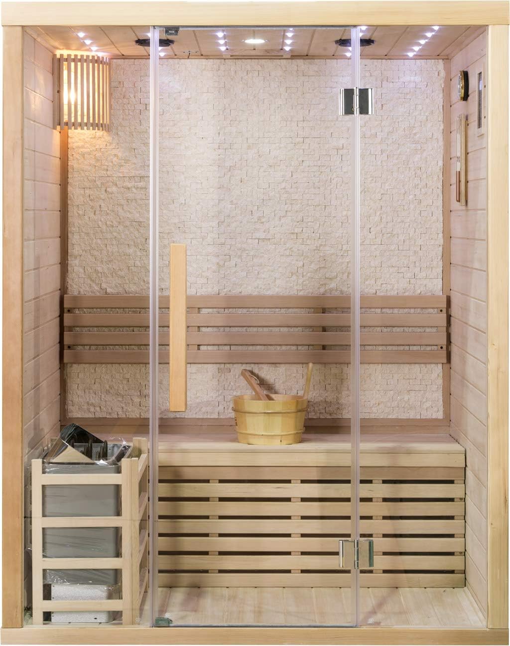 SDI Factory Direct 59" 2 Person Canadian Hemlock Indoor Swedish Wet Dry Traditional Steam Sauna with Glass Windows - 220V 4.5kw Heater - LED Lighting, Bluetooth, Water Bucket + Ladle - SYMT02BSS