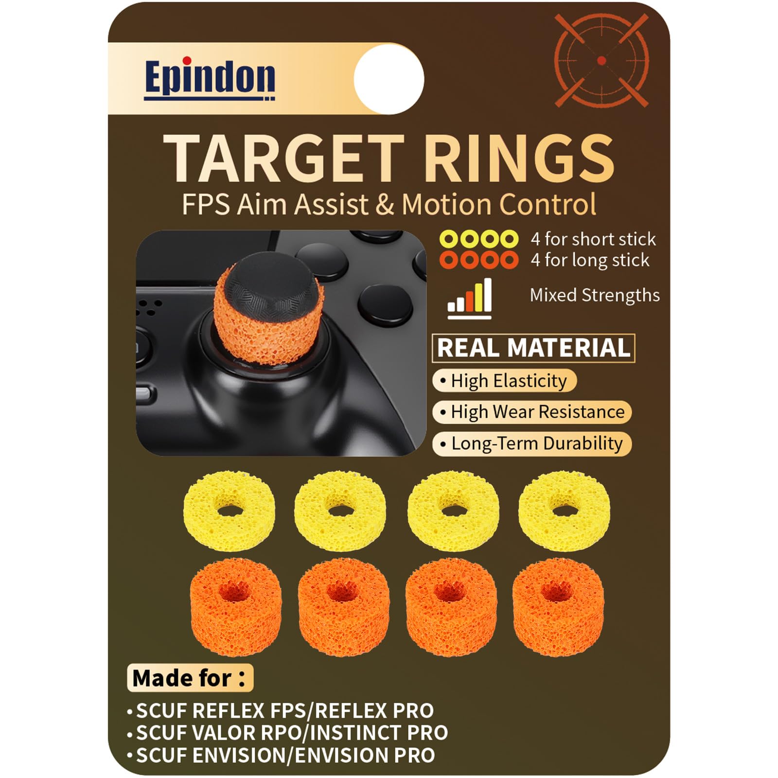 Epindon Target Rings | FPS Aim Assist Precision Motion Control | Made for SCUF REFLES, VALOR PRO/INSTINCT PRO, ENVISION Controllers(Orange Rings for Long Stick, Yellow Rings for Short Stick) 8-PACK