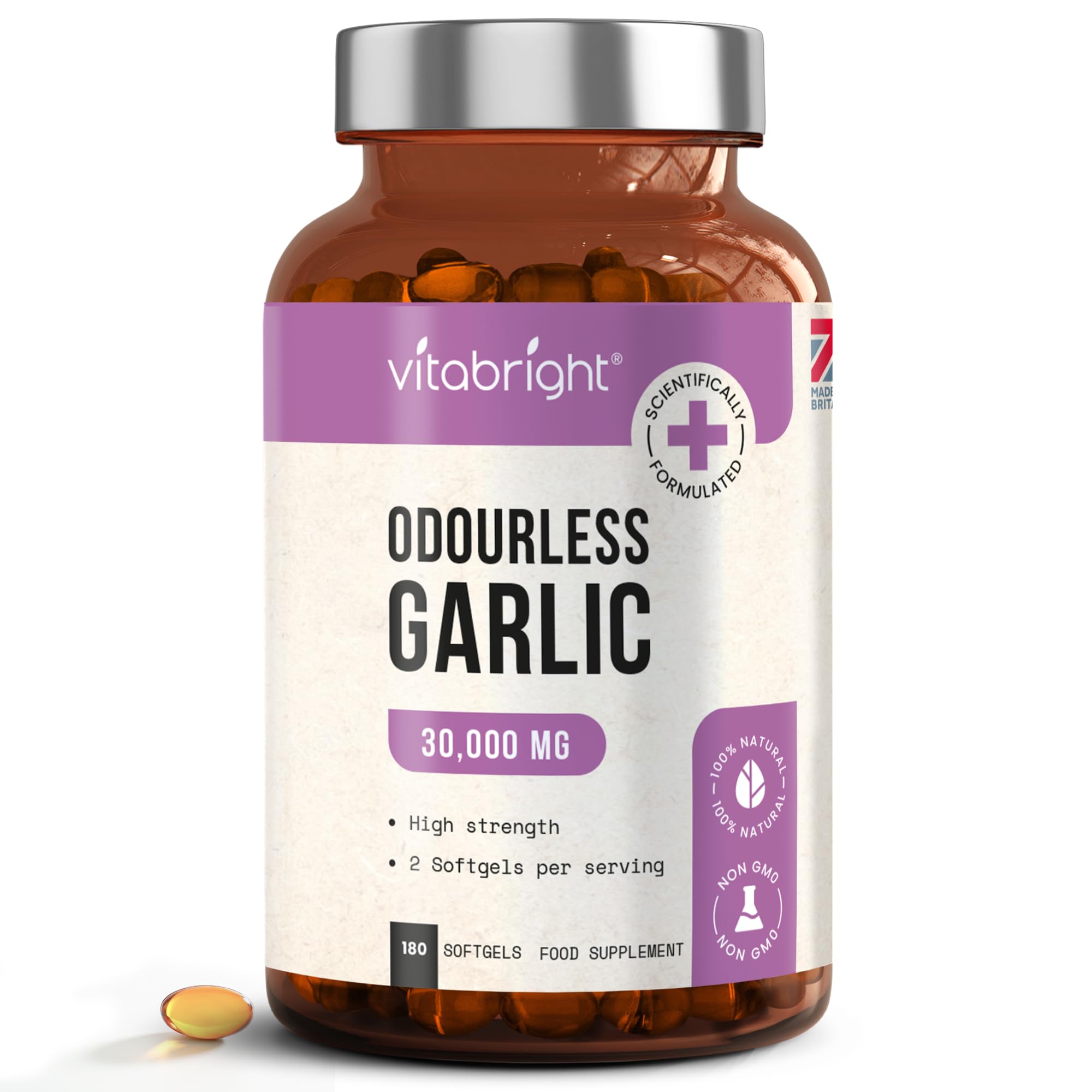 VitaBright Odourless Garlic Capsules High Strength | 30,000mg | 180 Capsules | 2 A Day | Garlic Tablets for Adults | Odourless Extract Supplement | High Allicin Pearls for Women & Men