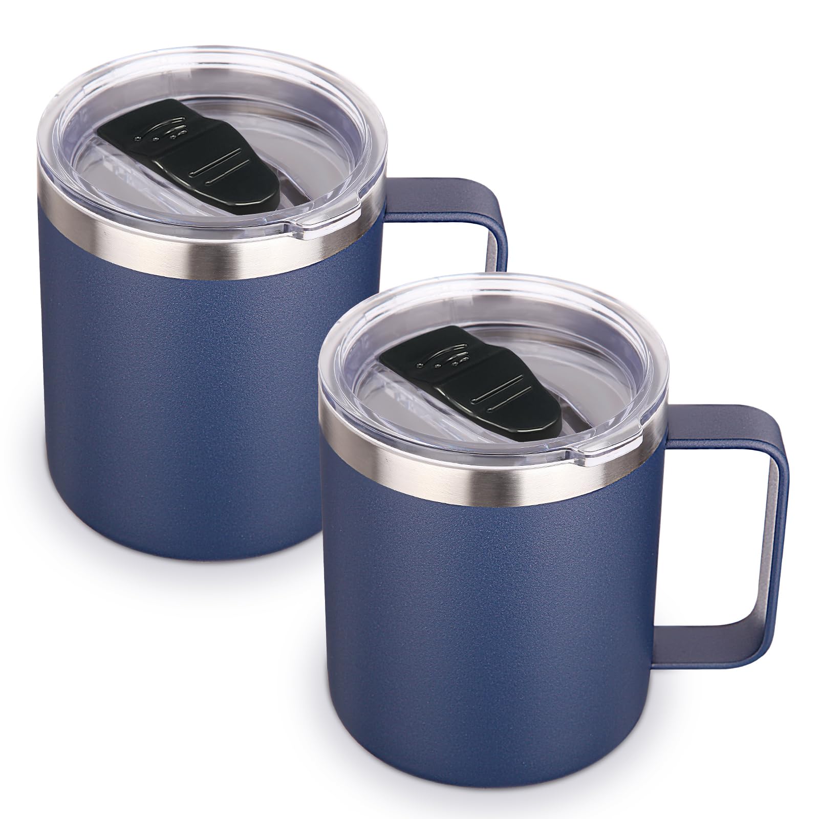 Volhoply 14oz Insulated Stainless Steel Coffee Mug with Lid Bulk 2 Pack,Double Wall Vacuum Travel Coffee Cup with Handle,Reusable Metal Tumbler,Camping Mugs Keep Hot,Christmas Gifts(Navy,2)