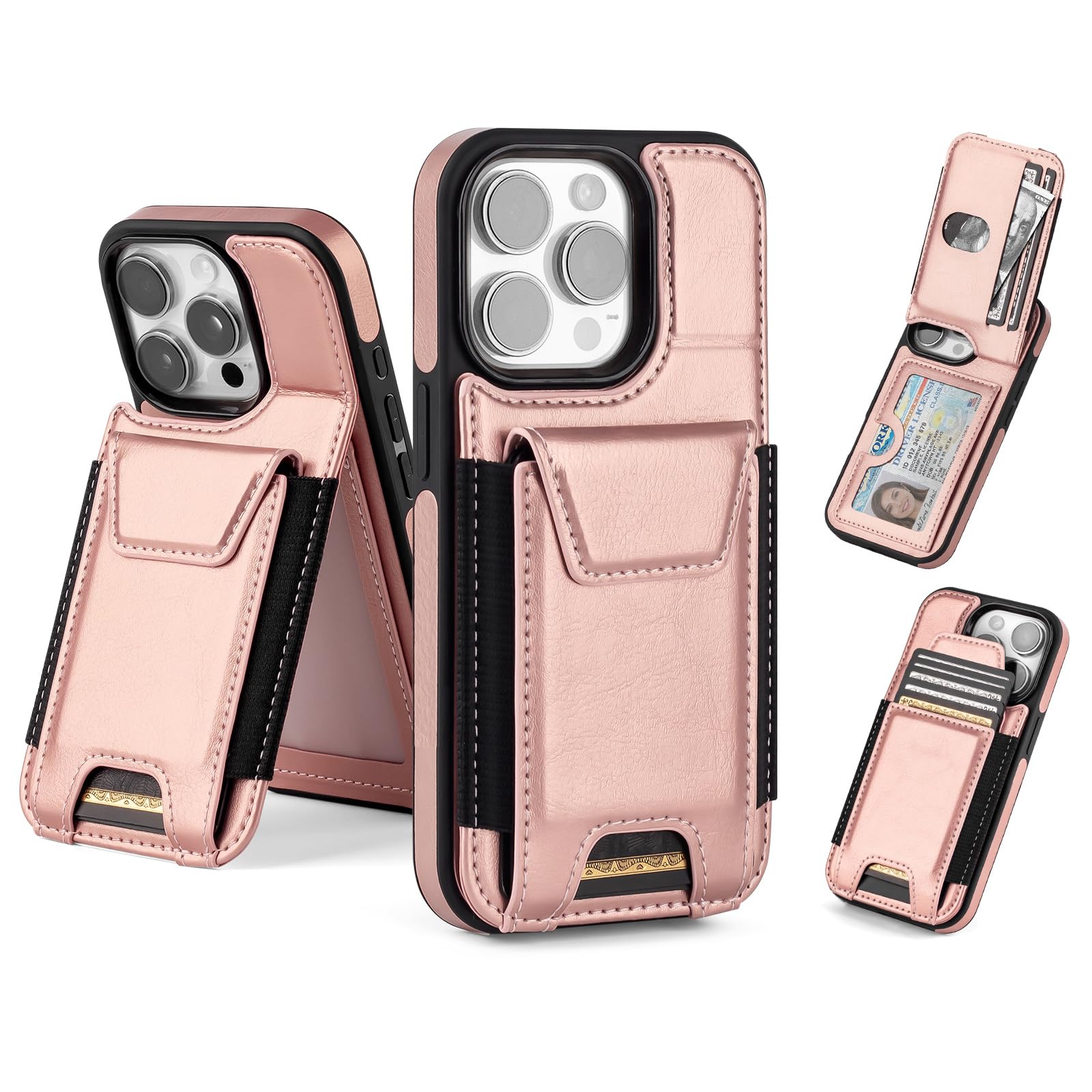 SkyEagle Compatible with iPhone 15 Pro Wallet Case with Card Holder,Women Men Phone Case PU Leather RFID Blocking Shockproof Magnetic Flip Cover Credit Card Slots Kickstand,for Apple 15 Pro,Rose Gold