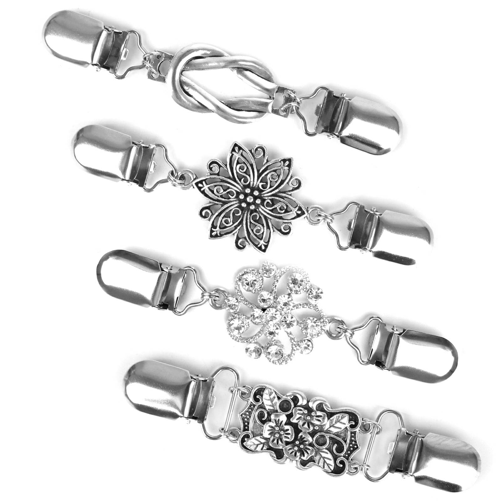 Dadabig 4 PCS Vintage Sweater Shawl Clips, Retro Clothes Dress Clips Vintage Sweater Chain Retro Cardigan Collar Clips Sweater Shawl Clips Brooch Pins Brooch Clips for Women Girls Wearing, Silver