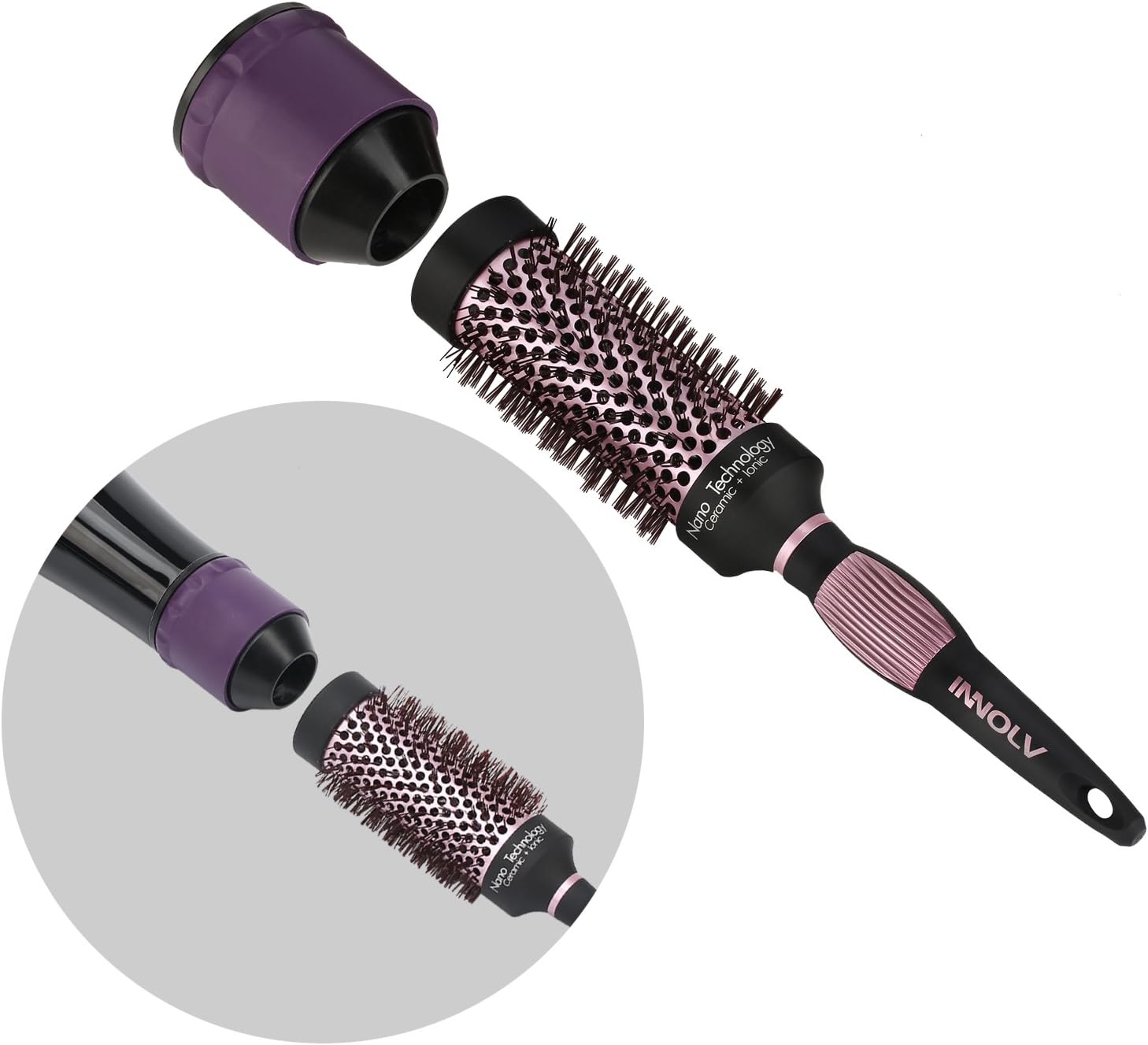 Round Brush,Hair Blow Dryer brush INNOLV Nano Thermal Ceramic &Ionic barrel with drying adaptor,Fast Airflow for Hair Drying,Styling,Curling,Rose Gold Color(7-11inch Long Hair)