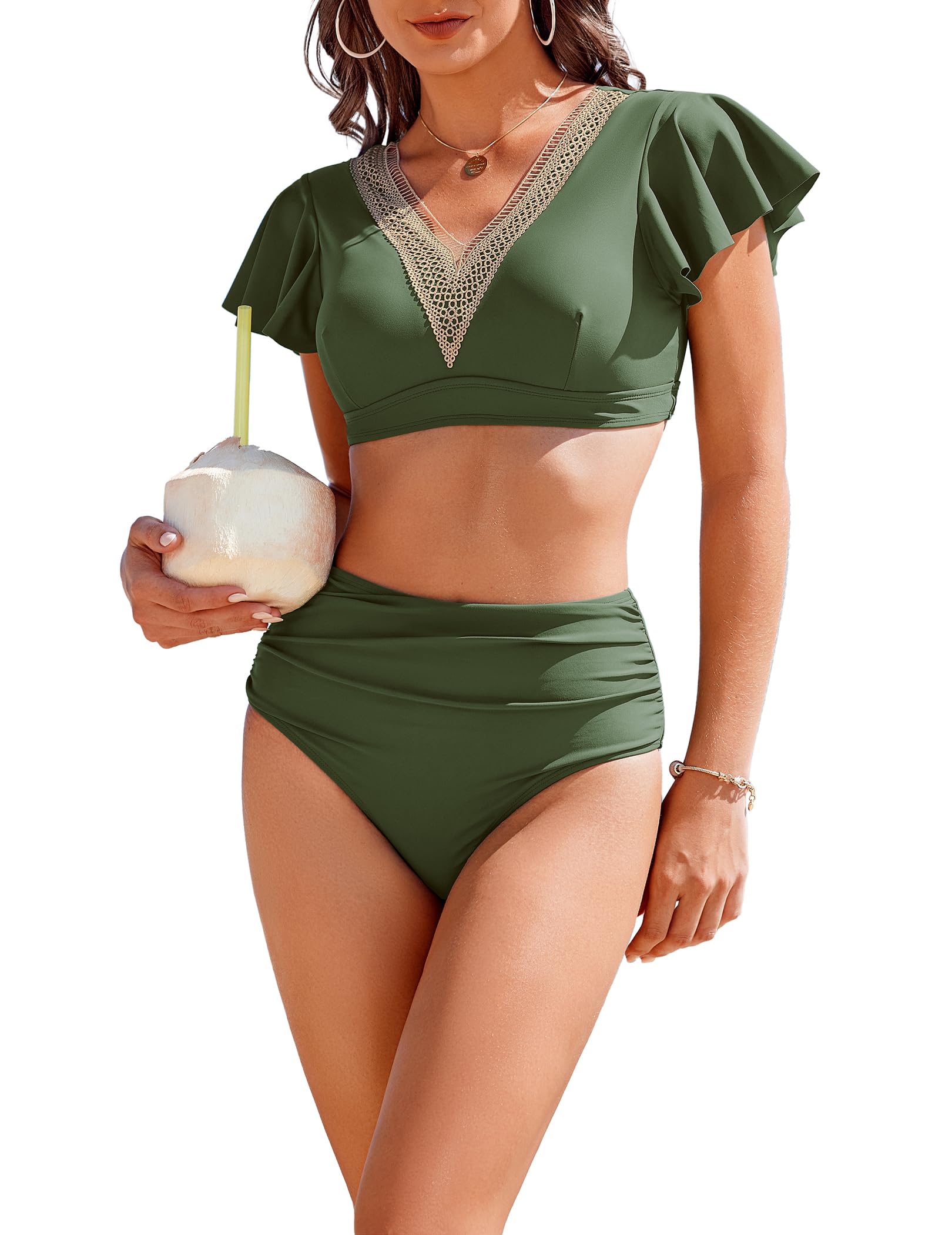 Photo 1 of **DIRTY***AI'MAGE High Waisted Bathing Suit for Women Tummy Control Women's Bikini Set Ruffle V Neck Two Piece Swimsuit 2025, Army Green, L