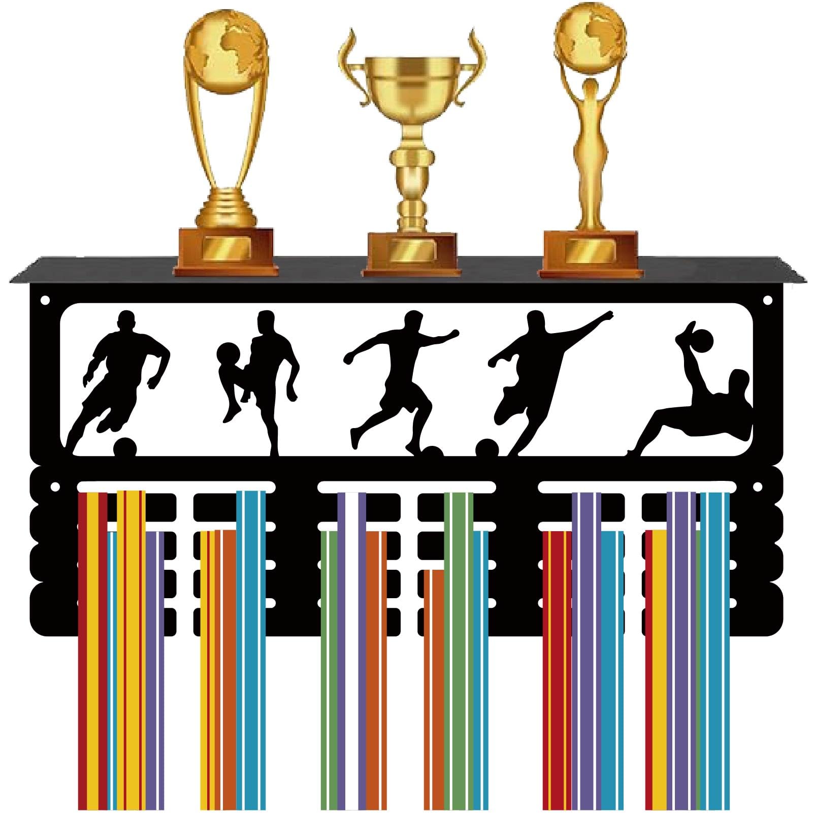 CREATCABIN Soccer Medal Hanger Display Trophy Shelf Football Medal Holder with Shelf Stand Sports 4 Rows Metal Hanging Wall Mount Hold 70+ Medals for Competition Ribbon Medals Rack Gifts 15.7x7.9Inch