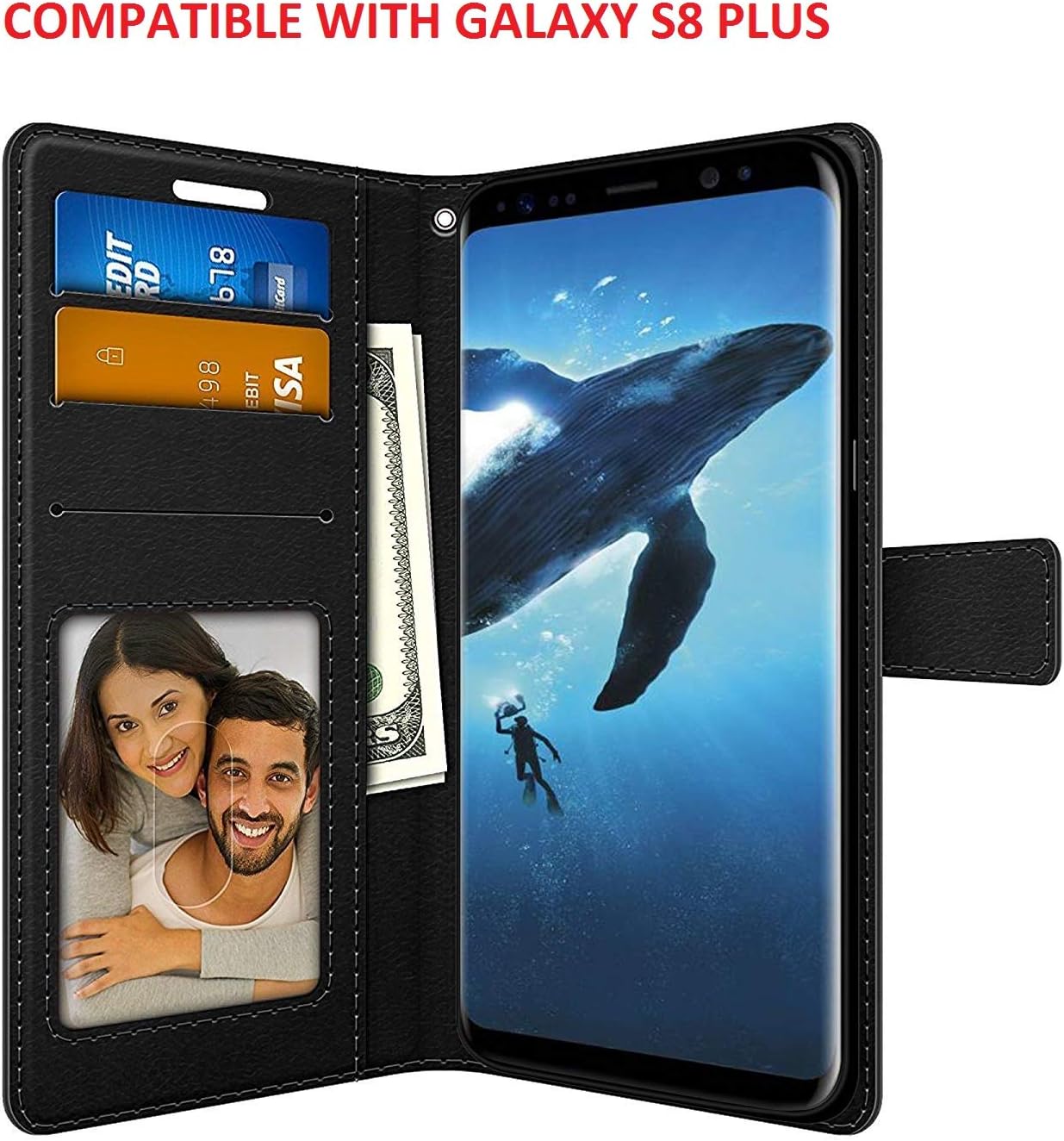 FOSO Leather Magnetic Flip Cover Wallet Case for Samsung Galaxy S8 Plus (Black)