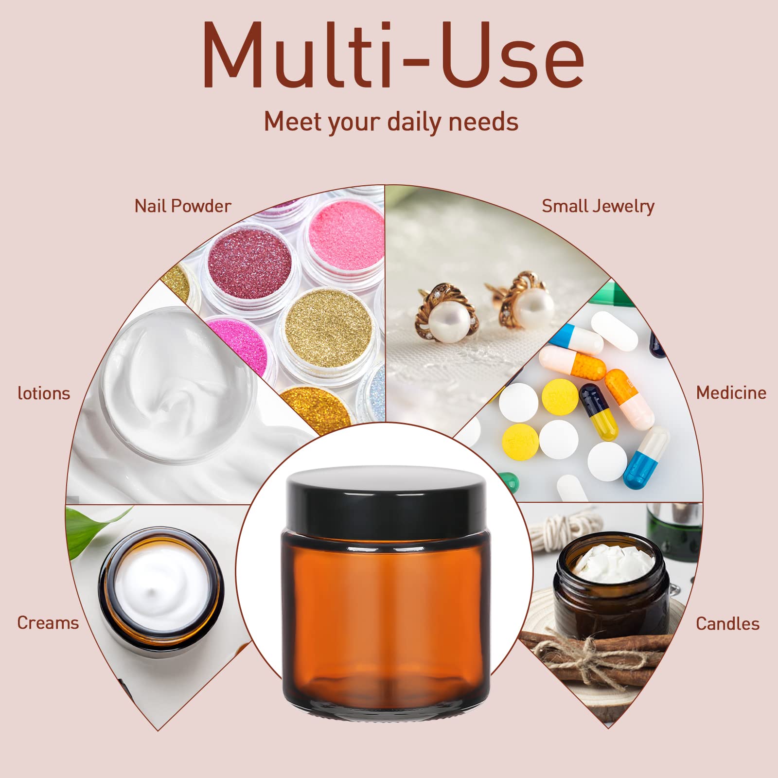 Keketin 4 oz Amber Glass Jars,15 Pack Empty Cosmetic Containers with Inner Liners and Black Lids,Refillable Round Cream Jars for Lotion,Bath Salts,Travel