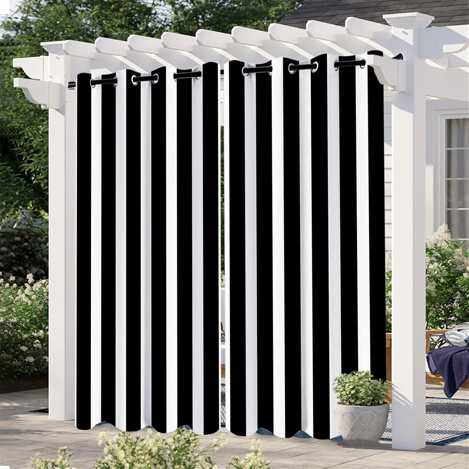 Outdoor Curtains - Cozomiz Set of 2 Panels Waterproof Outdoor Curtains Stripe Patio Shade Sun Blocking Grommet Curtains for Patio,Bedroom, Porch, Living Room, Pergola,Gazebo,Sliding Door 41 x 97 Inch Black