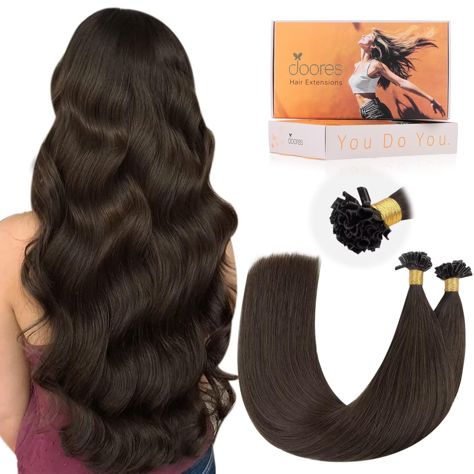 DOORES U Tip Hair Extensions Real Human Hair, Light Dark Brown 22 Inch 50g 50s, Natural Remy U Tip Ring Hair Extensions Cold Fusion โ image 1