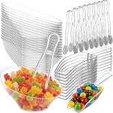 Clear Plastic Candy Bowls 6 oz (32 Pcs Set) - Candy Bar Container Display | Includes 16 Angled Bowls w/ 8 Scoops &amp; 8 Tongs, Buffets, Ice Cream Sundae Dessert Supplies, Toppings &amp; Party Serving Cups