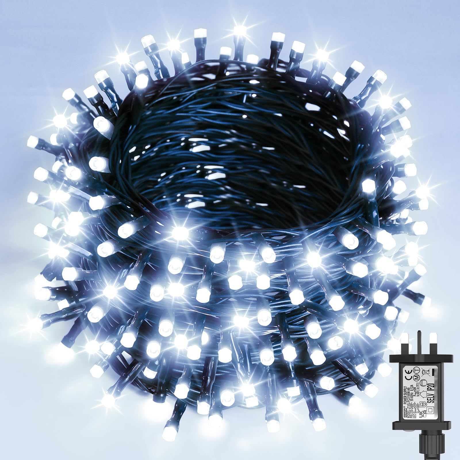 cshare Christmas Tree Lights Outdoor, 20M 200 LED Mains Powered Fairy Lights with 8 Modes Timer Memory Waterproof Extendable Green Wire, String Lights for Xmas Tree,Garden,Outdoor Indoor Cool White